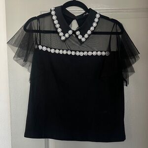 Black Blouse with Sheer & Jewel Detailing